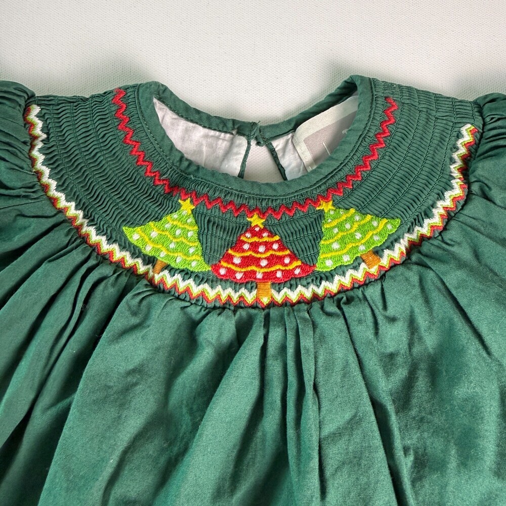Lil Cactus Smocked Christmas Dress 3-6 Months - Green Corduroy Holiday Trees - Picture 3 of 16